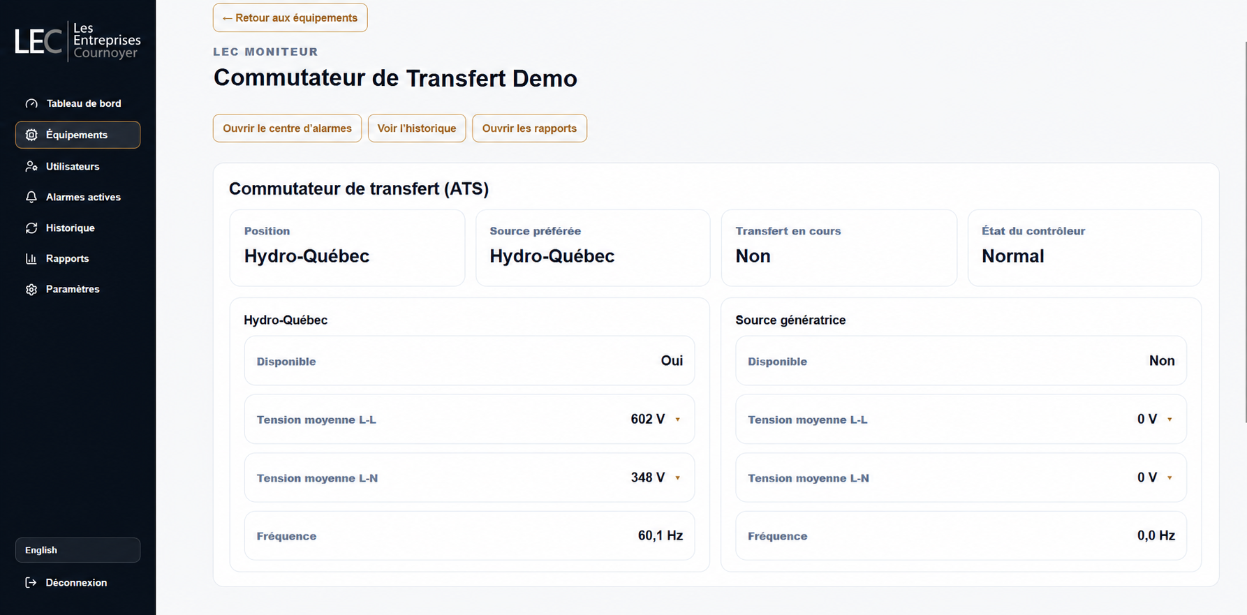 Exemple de position de transfert et de mesures des sources d’un ATS dans LEC Moniteur